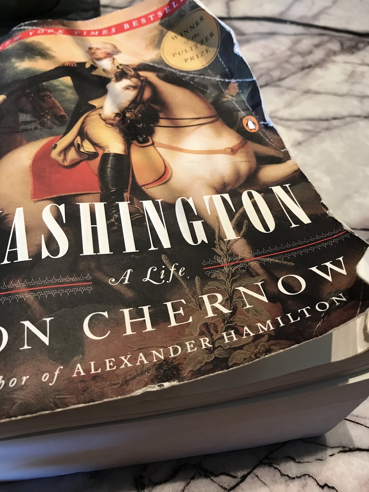 A well-worn copy of Chernow's Washington: A Life